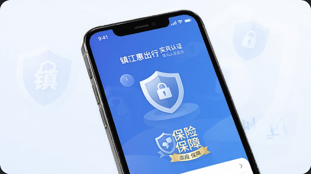 一张展示手机屏幕显示镇江惠出行实名认证成功页面与保险保障标识的图片,界面采用盾牌图标强调安全,背景为浅色渐变,风格简约商务,细节清晰,画质干净