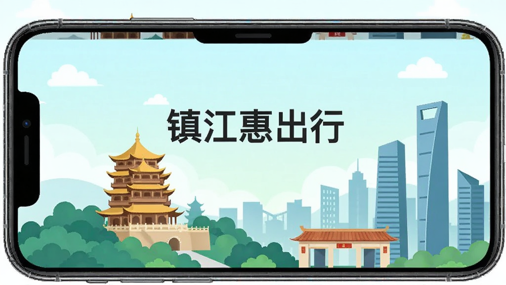 一张展示智能手机屏幕的图片,屏幕中央显示“镇江惠出行”APP的主界面,背景为镇江城市剪影,包括金山寺和现代楼宇,画面明亮,色彩清新,采用扁平化插画风格,布局简洁,细节清晰,画质干净,无多余元素