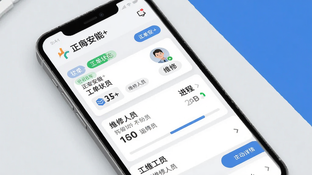 正泰安能+ 运维工单管理界面,画面为手机屏幕展示工单列表与详情页,屏幕中有工单状态标签、维修人员头像、进度条等元素,屏幕上方显示