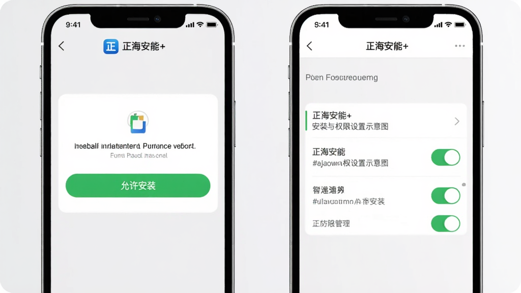 正泰安能+ 安装与权限设置示意图,画面为手机屏幕展示应用安装界面与权限管理页面,屏幕中有