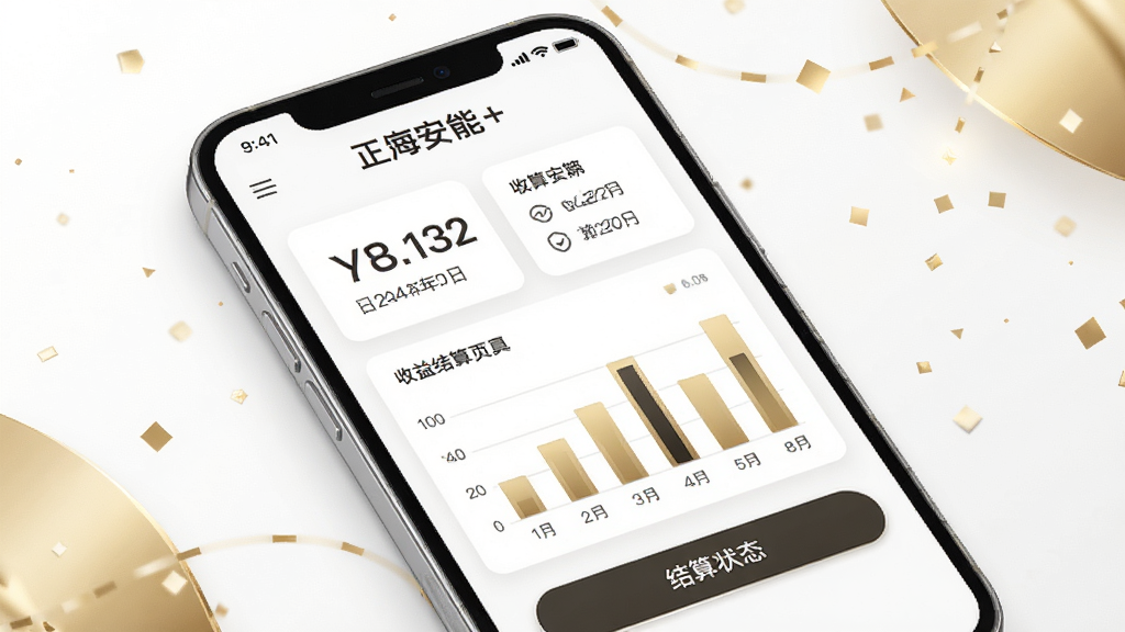 正泰安能+ 收益结算页面,画面为手机屏幕展示收益数字与柱状图,屏幕中有金额、日期、结算状态等卡片信息,屏幕顶部有