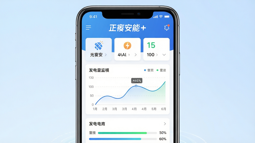 正泰安能+ 手机应用主界面展示,画面中央是一块大尺寸智能手机屏幕,屏幕上显示光伏电站监控仪表盘与发电量曲线图,屏幕上方有