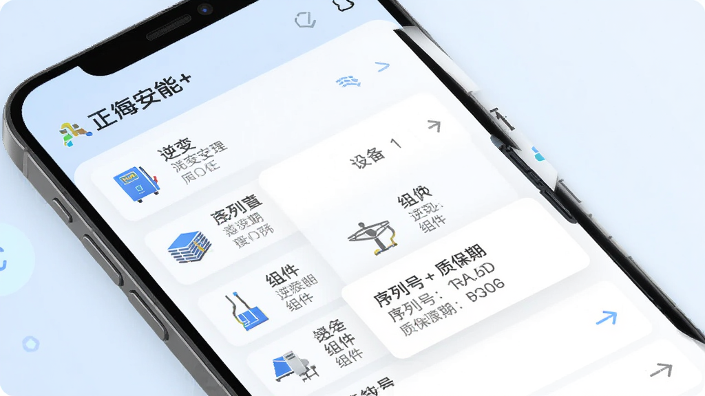正泰安能+ 设备资产管理界面,画面为手机屏幕展示设备列表与详情卡片,屏幕中有逆变器、组件等图标,以及序列号、质保期等文字信息,屏幕上方有