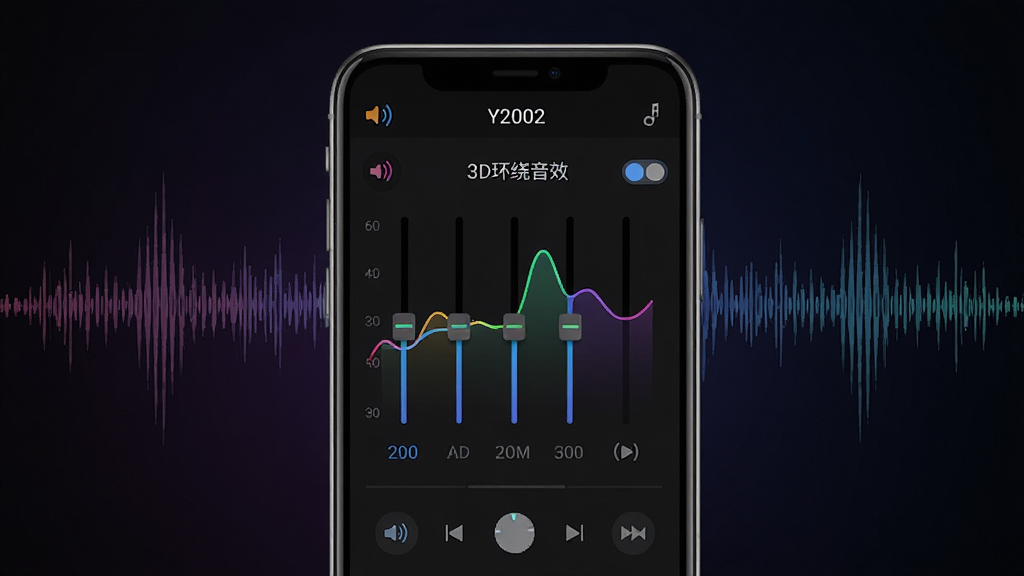 一张展示Y2002电音播放器音效设置界面的图片,主体是手机屏幕特写,屏幕上显示着均衡器调节滑块和3D环绕音效开关,布局为居中展示手机,背景是暗色渐变与声波纹理,风格为科技感与音乐主题,细节包括彩色均衡器曲线、音效图标、深色UI,画质高清干净,无多余元素