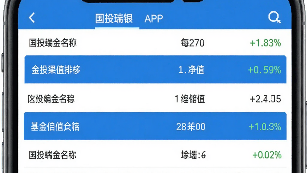 一张展示国投瑞银APP净值查询功能的预览图,画面中手机屏幕显示多只基金的净值列表,每行包含基金名称、净值和涨跌幅百分比,界面配色以白色和蓝色为主,排版整齐,风格清爽,画质干净,无多余元素