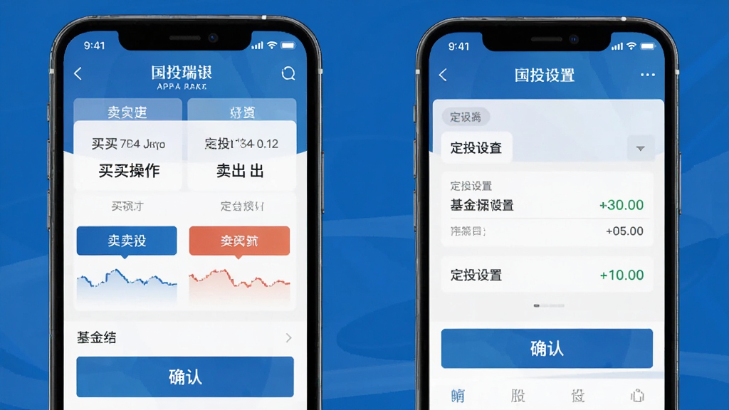 一张展示国投瑞银APP基金交易界面的预览图,手机屏幕显示买入卖出操作面板和定投设置选项,界面底部有确认按钮,整体风格简洁专业,配色以蓝白为主,细节清晰,画质干净,无多余元素