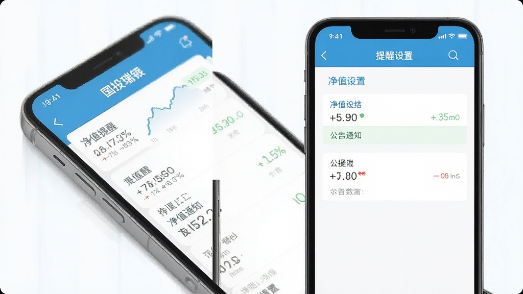 一张展示国投瑞银APP消息通知功能的预览图,手机屏幕显示消息列表和提醒设置界面,包含净值提醒和公告通知条目,整体风格简洁明快,配色清爽,画质干净,无多余元素