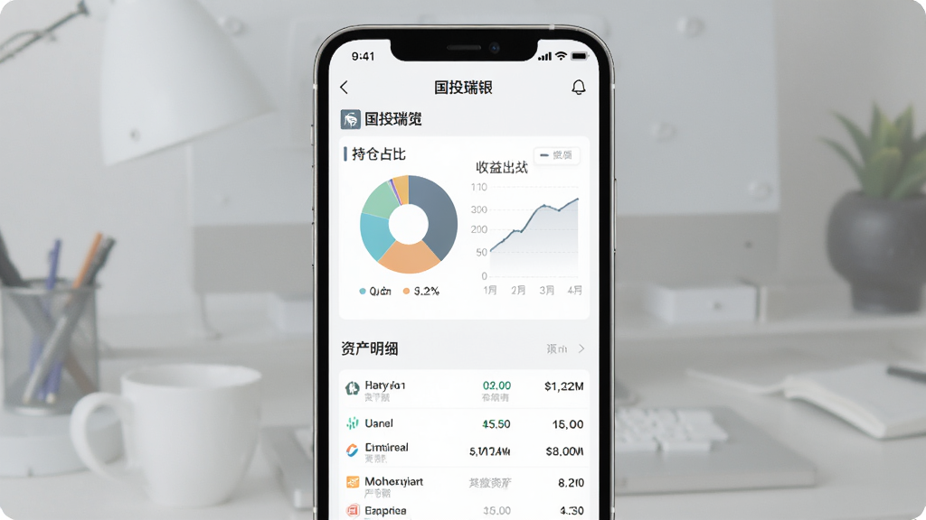 一张展示国投瑞银APP资产总览页面的预览图,手机屏幕显示饼状图展示持仓占比和收益曲线图,下方有资产明细列表,整体风格现代简约,配色柔和,画质干净,无多余元素