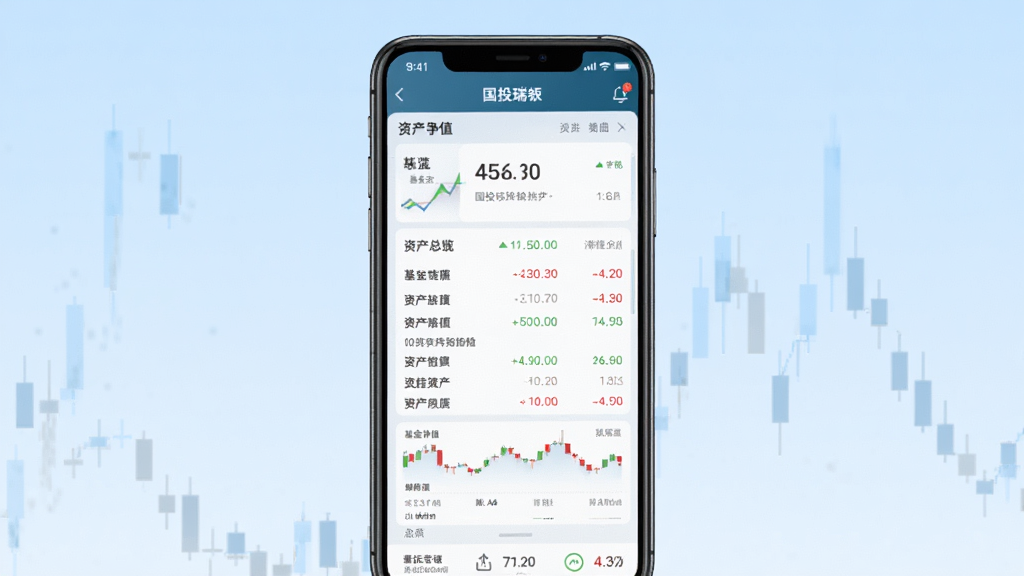 一张展示国投瑞银手机APP主界面的预览图,画面中央是一部竖屏智能手机,手机屏幕显示基金净值列表和资产总览卡片,背景为浅蓝色渐变,整体风格简洁商务,细节清晰,画质干净,无多余元素