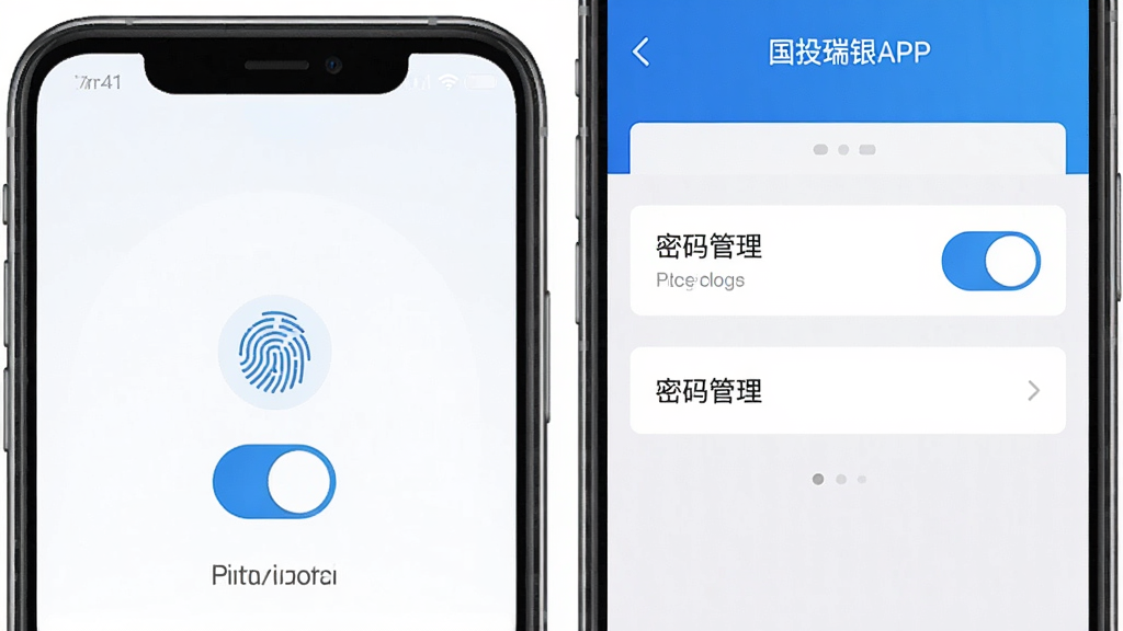 一张展示国投瑞银APP安全设置页面的预览图,手机屏幕显示指纹解锁开关和密码管理选项,界面风格简洁安全,配色以蓝色和白色为主,画质干净,无多余元素