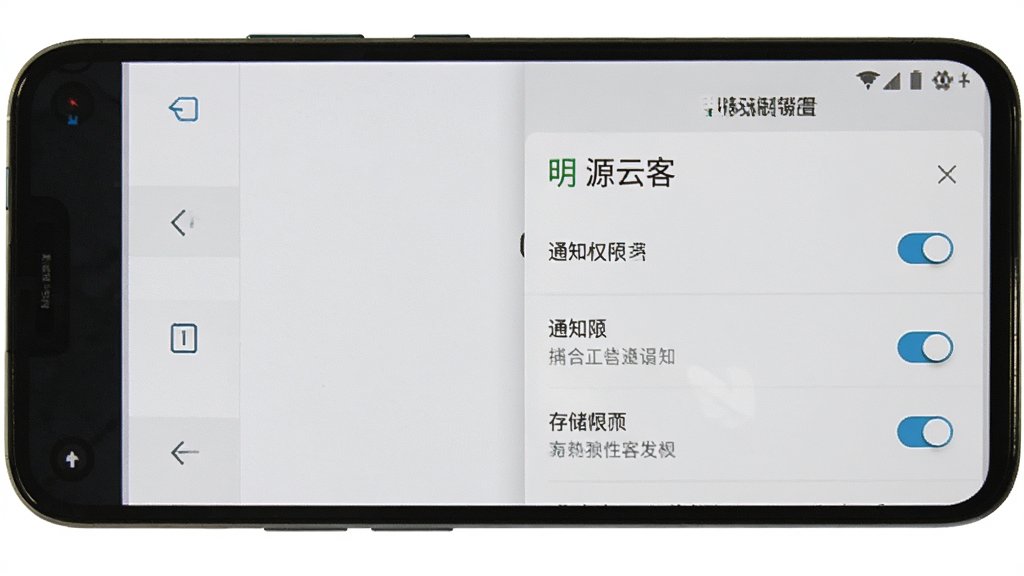 明源云客移动销售 安卓版 手机权限设置界面 主体为手机屏幕与设置菜单 布局列表排列 风格简洁明了 细节包含通知权限与存储权限开关 画质清晰 干净 无多余元素