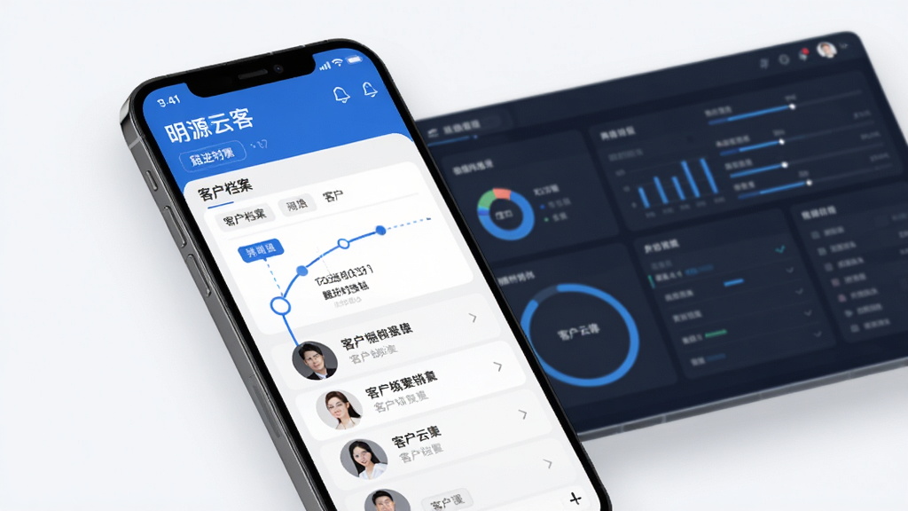 明源云客移动销售 功能界面 手机屏幕显示客户档案与跟进时间轴 主体为手机与数据面板组合 布局上下结构 风格现代商务 细节包含蓝色标签与客户头像列表 画质清晰 干净 无多余元素