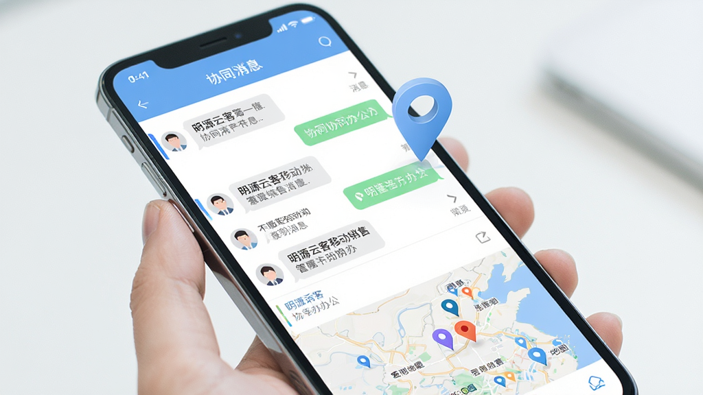 明源云客移动销售 协同办公界面 手机屏幕显示消息列表与签到地图 主体为手机与定位图标 布局上下结构 风格清新浅色 细节包含聊天气泡与地图标记 画质清晰 干净 无多余元素