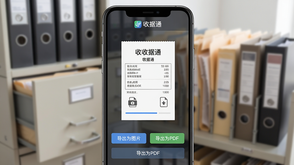 收据通导出功能界面,手机屏幕显示一张收据文件,下方有“导出为图片”和“导出为PDF”两个按钮,屏幕上方有“收据通”标识,背景是虚化的文件柜和文件夹,布局为手机居中展示,风格为简约商务风格,细节包括文件格式图标和进度条,画质清晰,干净,无多余元素