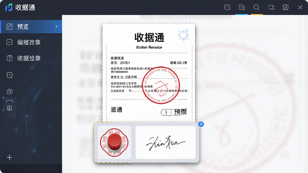 收据通应用内的电子签章编辑界面,屏幕中央是一张待签章的电子收据,收据上方有“收据通”名称,下方有可拖拽的红色电子印章和手写签名区域,界面布局左右分栏,左侧为工具栏右侧为预览区,风格为科技感UI设计,细节包括签章边框和阴影效果,画质高清,干净,无多余元素