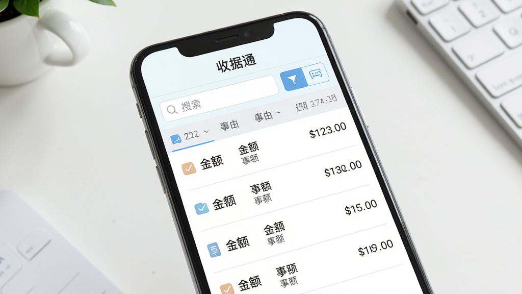 收据通的历史记录管理界面,手机屏幕显示按日期排列的收据列表,每条记录包含金额、事由和日期,顶部有搜索框和筛选按钮,屏幕上方有“收据通”字样,背景是整洁的桌面,布局为手机正面展示,风格为清新浅色UI风格,细节包括列表分割线和图标,画质高清,干净,无多余元素