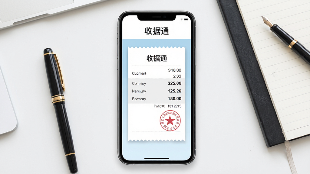 手机屏幕居中展示收据通应用界面,界面内有一张正在生成的电子收据,收据上方有“收据通”三个字,背景是整洁的办公桌面,旁边有钢笔和笔记本,整体布局简洁,排版清晰,风格为现代扁平化UI风格,细节包括收据上的日期、金额、签章等元素,画质高清,干净,无多余元素