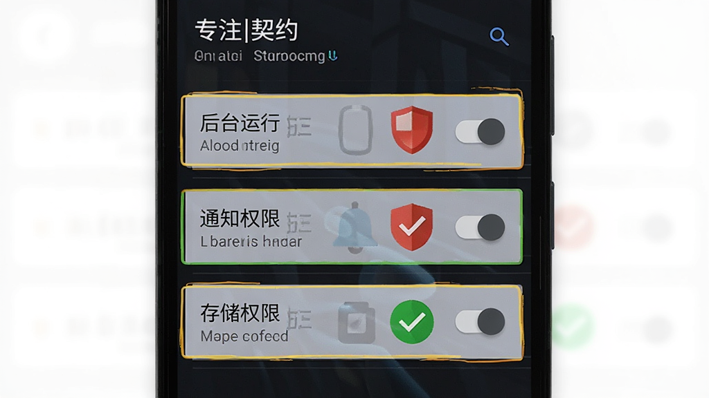一部安卓手机屏幕显示专注契约的权限设置页面,页面中“后台运行”“通知权限”“存储权限”三个选项被高亮标注,旁边有一个红色的盾牌图标和绿色的对勾图标,背景为深色,整体风格为手机系统设置界面截图风格,布局采用垂直列表,细节包括清晰的文字标签和开关按钮,画质高清,画面干净,无多余元素
