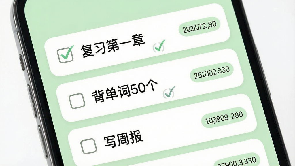 一部手机屏幕中显示任务清单界面,清单条目包含“复习第一章”“背单词50个”“写周报”等文字,每条任务左侧有复选框,右侧有预计时长标签,背景为浅绿色,整体风格为清爽的备忘录风格,布局采用垂直列表,细节包括圆角卡片和细微的勾选动画效果,画质高清,画面干净,无多余元素