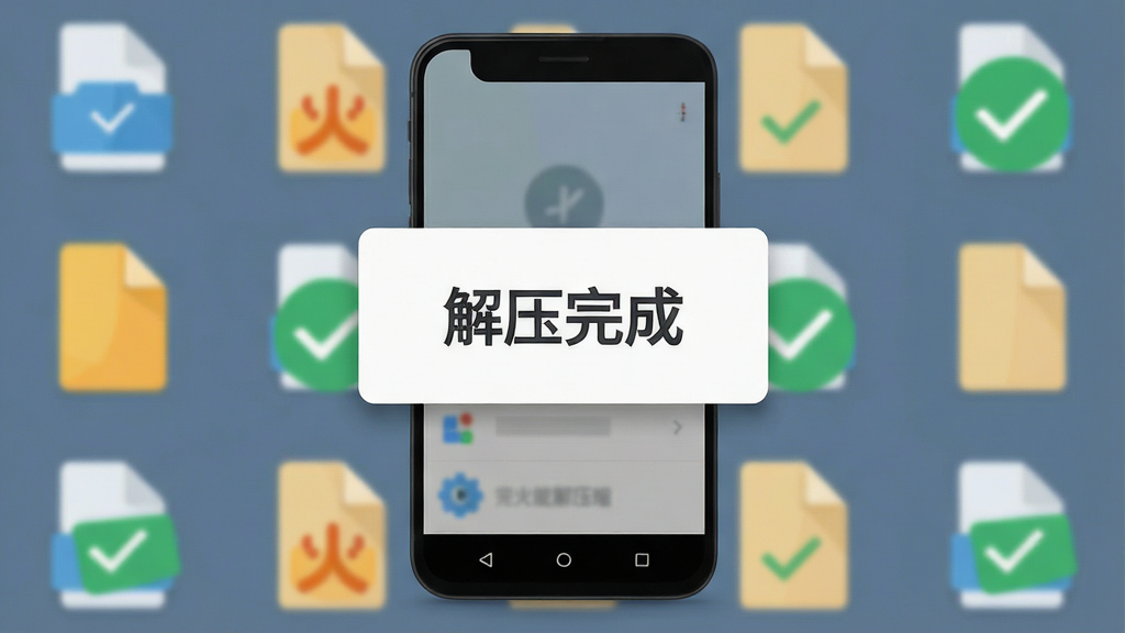 一张展示火光全能解压缩在安卓手机上完成解压操作的完成界面图,画面中手机屏幕显示“解压完成”的提示框,背景有文件图标和绿色对勾标志,布局居中,排版简洁,风格为扁平化UI设计,细节包括清晰的文字和柔和的阴影,画质高清,干净无多余元素