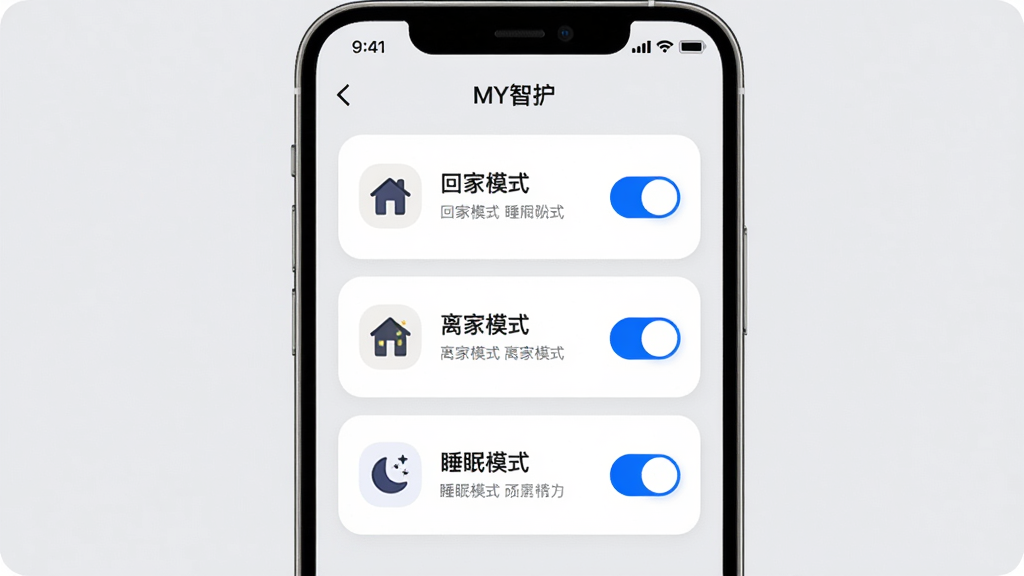 画面中央是一个手机界面,显示“MY智护”的场景联动设置页面,页面上有“回家模式”“离家模式”“睡眠模式”三个卡片,每个卡片配有图标和开关按钮,背景为浅灰色,布局为纵向排列,风格为简约现代风,细节包括蓝色高亮开关、清晰的文字说明、圆角卡片,画质为高清,干净无多余装饰