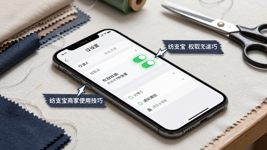 纺支宝商家使用技巧示意图,主体为一部手机放置在纺织工作台上,屏幕显示设置页面中的权限开关和通知选项,布局采用侧角俯拍构图,背景有布料样品和剪刀,风格为实用教程风,细节包含高亮的开关按钮和文字标注,画质清晰,画面干净,无多余元素。