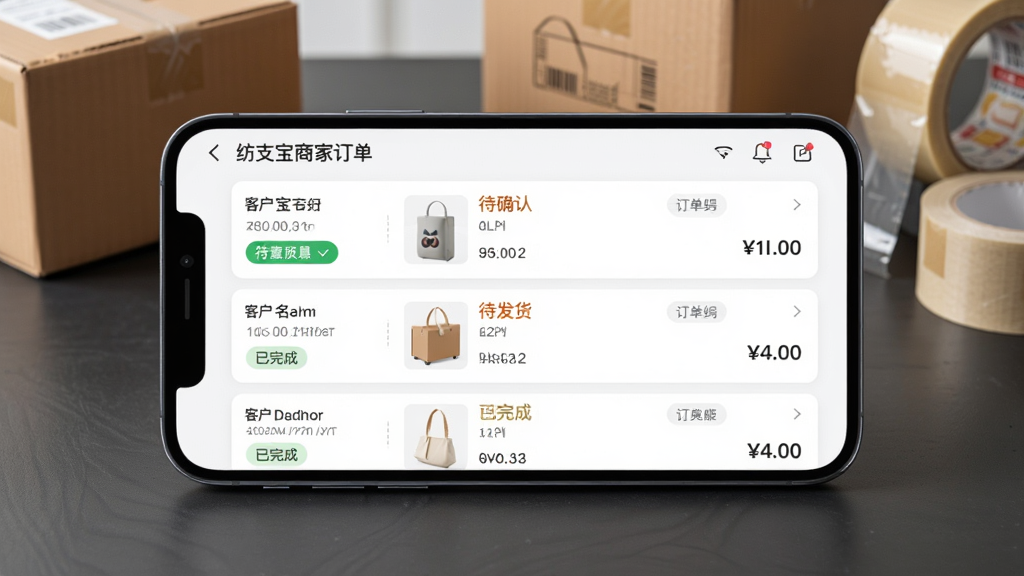 纺支宝商家订单管理界面,主体为一部横屏智能手机放置在深灰色桌面上,屏幕显示订单列表页面,列表中包含“待确认”“待发货”“已完成”等状态标签,每笔订单显示客户名称和商品缩略图,布局采用水平构图,背景有快递纸箱和打包胶带,风格为商务写实风,细节包含状态颜色区分、订单编号和金额数字,画质清晰,画面干净,无多余元素。
