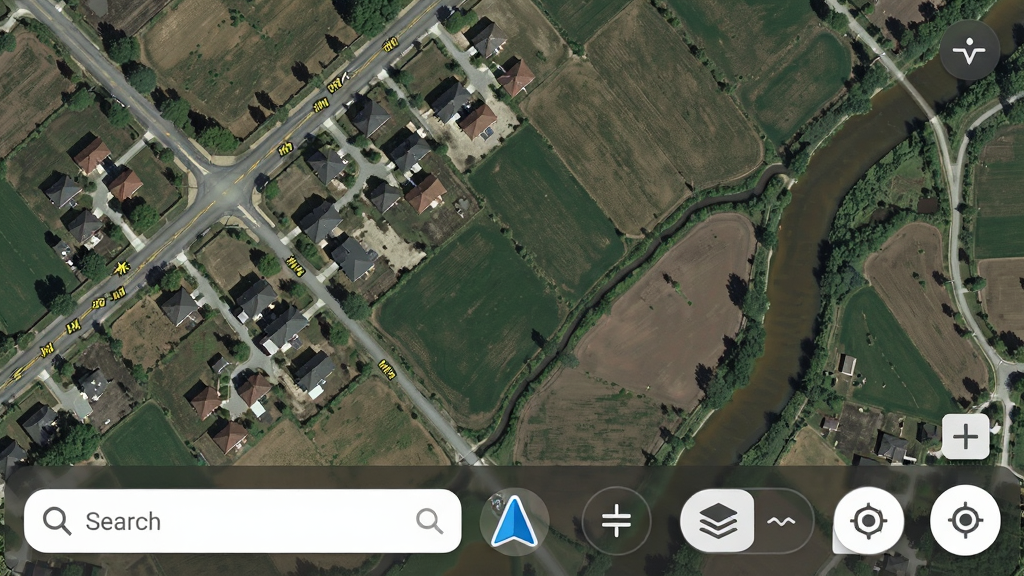 画面上方为一片高清卫星地图俯瞰视角,地图中清晰可见道路、房屋、农田与河流,画面下方叠加半透明的北星高清卫星导航界面元素,包括搜索框、图层切换按钮、定位图标,布局采用上下结构,上方为地图主体,下方为功能控件,风格为写实卫星影像风,细节包括地图纹理、道路标线、建筑阴影,画质清晰,干净,无多余元素