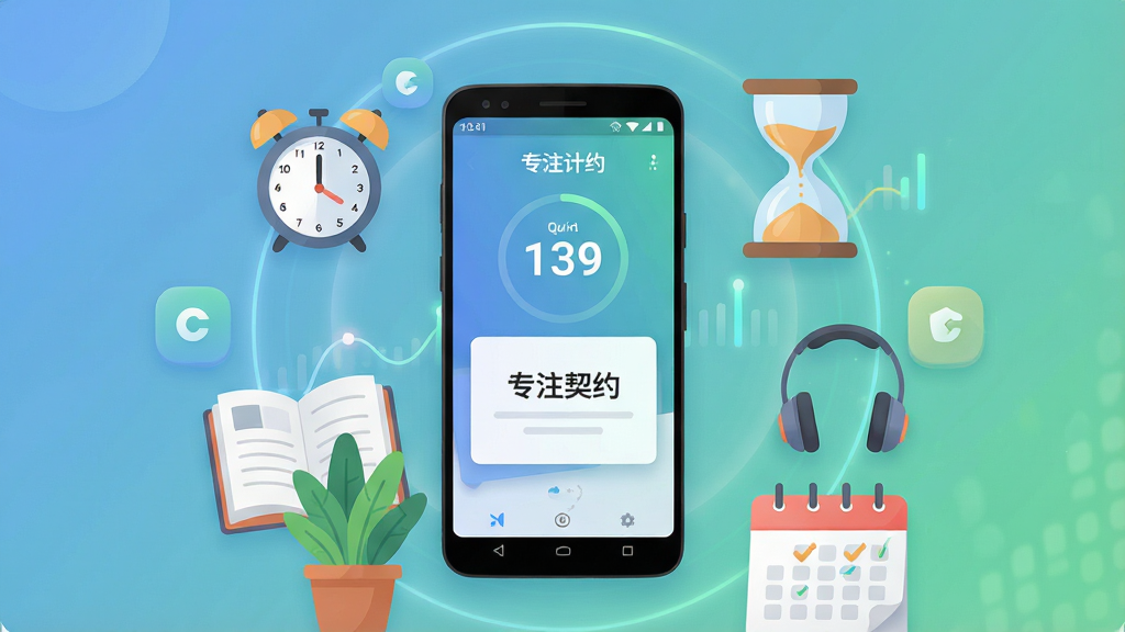 一张以“专注契约”手机应用为核心的插画,画面中央是一部竖屏安卓手机,手机屏幕上显示专注计时界面和契约卡片,手机周围环绕闹钟、沙漏、书本、耳机、绿植和打卡日历等元素,布局采用中心对称加环形排列,排版清晰疏朗,风格为现代扁平化科技插画,细节包括柔和的蓝绿渐变背景、圆角图标和微微发光的数据线条,画质高清干净,无多余元素,画面中文字为“专注契约”