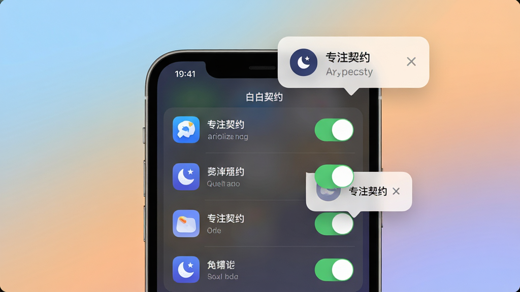 一张展示“专注契约”白名单与通知管理功能的图片,主体是手机屏幕上的应用白名单开关列表,背景是柔和的渐变,布局为手机界面居中加悬浮通知图标,排版清晰,风格为现代UI设计展示风,细节包括应用图标、开关按钮、免打扰月亮图标和通知气泡,画质高清,画面干净,文字为“专注契约”