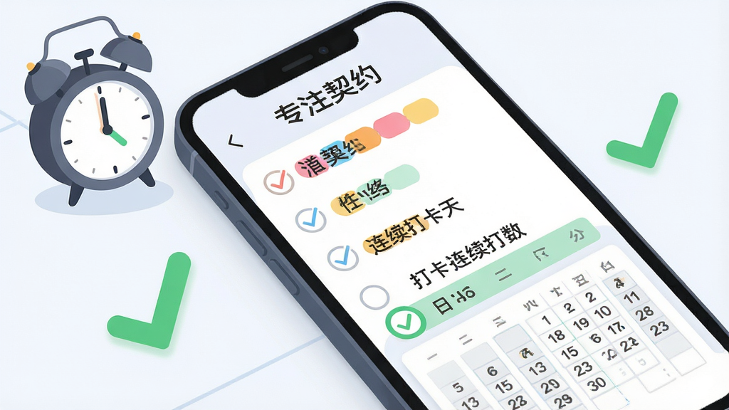 一张表现“专注契约”任务清单与打卡提醒的图片,主体是手机屏幕上的待办清单和打卡日历,旁边有闹钟和勾选标记,布局为手机界面斜放展示,排版突出任务条目和连续打卡天数,风格为清新扁平化插画,细节包括彩色标签、圆形复选框、绿色对勾和日历格子,画质高清,画面干净,文字为“专注契约”