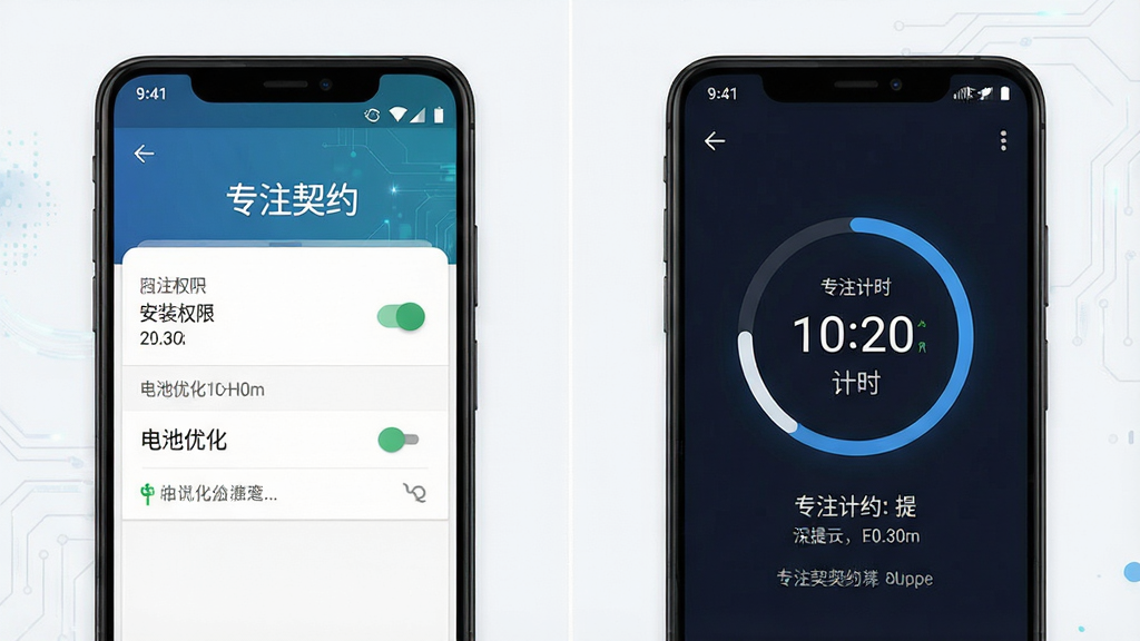 一张展示“专注契约”使用指南的图片,主体是安卓手机屏幕上的安装权限设置界面和专注计时界面并排展示,布局为左右分栏,排版清晰,风格为科技教程风,细节包括权限开关、电池优化选项、计时圆环和提示文字,画质高清,画面干净,文字为“专注契约”