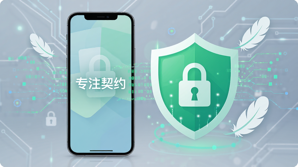 一张表现“专注契约”轻量运行与隐私保护的图片,主体是一部手机和一个盾牌图标,盾牌上带有锁形符号,背景是简洁的科技线条,布局为手机与盾牌并排居中,排版突出安全与轻量,风格为扁平化安全科技风,细节包括绿色盾牌、锁图标、数据流线条和轻量羽毛元素,画质高清,画面干净,文字为“专注契约”