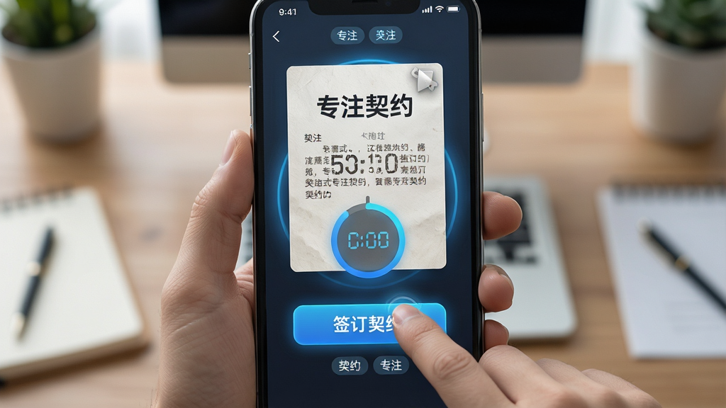 一张表现“专注契约”契约式专注机制的AI图片,主体是一只手在手机屏幕上点击“签订契约”按钮,背景是虚化的书桌场景,布局为手机界面特写居中,排版上突出契约卡片和计时圆环,风格为写实与扁平结合的科技风,细节包括契约纸张纹理、蓝色光效、时间数字和专注标签,画质高清,画面干净,文字为“专注契约”