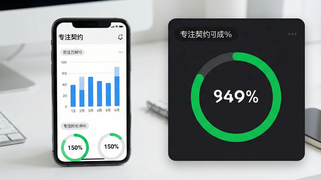 一张展示“专注契约”数据统计功能的图片,主体是手机屏幕上的柱状图与环形进度图,背景是简洁的桌面,布局为手机正面展示加数据面板放大,排版清晰,风格为现代简约数据可视化风格,细节包括蓝色柱状图、绿色完成率圆环、日期标签和专注时长数字,画质高清,画面干净无多余元素,文字为“专注契约”