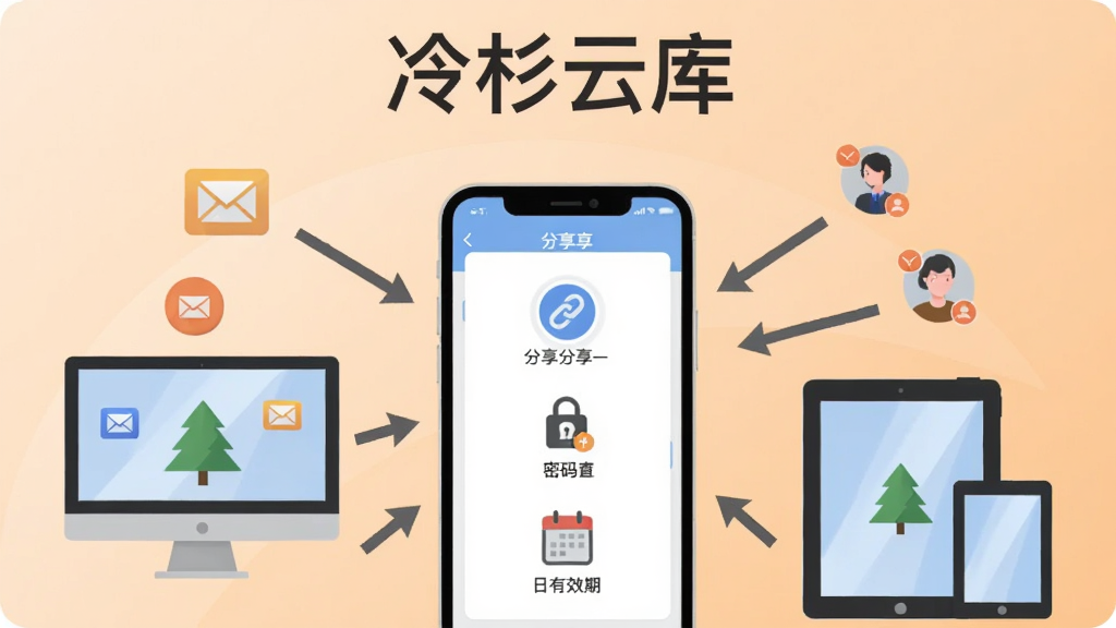 冷杉云库文件分享功能展示图,画面中央为一部手机,屏幕显示分享面板,面板中有链接图标、密码锁图标和日历有效期图标,手机周围有向外发散的箭头连接着电脑、平板等设备轮廓,背景为浅橙色柔和渐变,画面顶部有