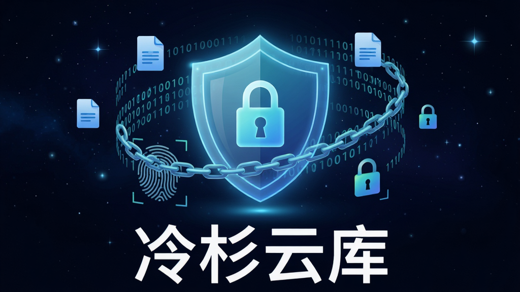 冷杉云库安全加密功能展示图,画面中央为一个发光的盾牌图标,盾牌内部有锁形图案,盾牌周围环绕着二进制数字流和文件图标,背景为深色星空渐变,画面下方有