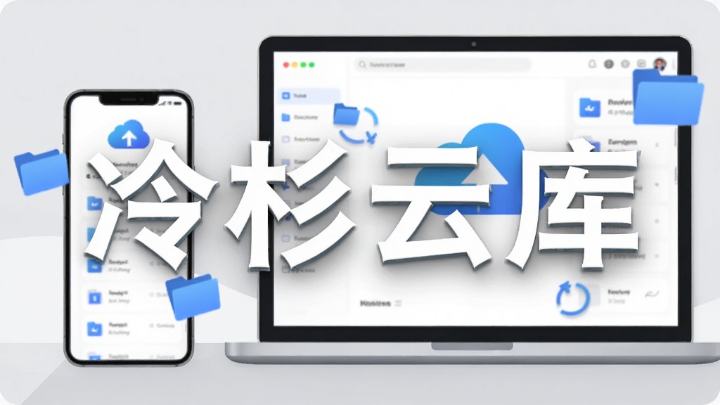 主图展示一部智能手机和一台笔记本电脑并排摆放,屏幕中显示冷杉云库的蓝色云朵图标与文件列表界面,背景是简洁的浅灰色桌面,画面中央有
