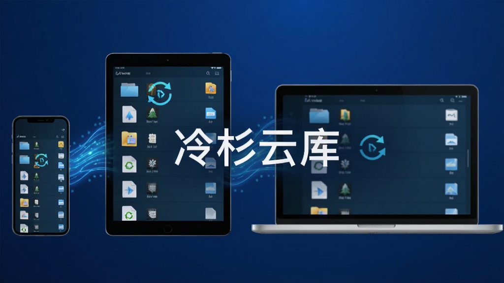 冷杉云库多端同步功能展示图,画面左侧为手机,中间为平板,右侧为笔记本电脑,三台设备屏幕均显示相同的文件列表,设备之间有发光的蓝色数据流连接,背景为深蓝色渐变,画面中央有