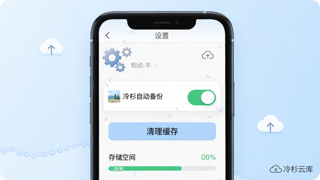 冷杉云库手机端操作界面展示图,画面中央为手机屏幕,屏幕内显示设置菜单和相册自动备份开关,开关呈绿色开启状态,屏幕下方有清理缓存按钮和存储空间进度条,背景为浅蓝色柔和渐变,画面右下角有