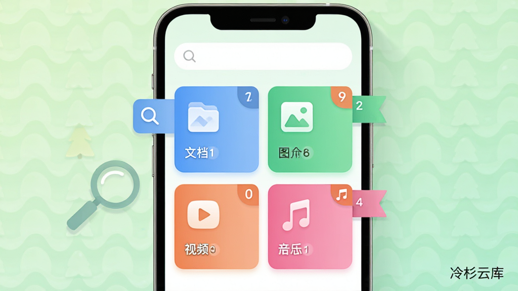 冷杉云库文件分类界面展示图,画面中央为手机屏幕,屏幕内显示彩色分类卡片,包括文档、图片、视频、音乐四个区块,每个区块有对应的图标和数量角标,屏幕上方有搜索框,背景为浅绿色柔和渐变,画面右下角有