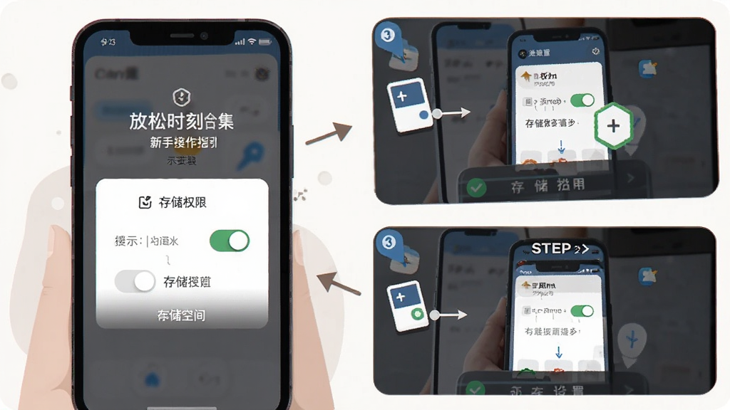 放松时刻合集新手安装操作指引示意图,主体为手机屏幕展示安装权限设置界面,布局采用分步图解式排版,风格为扁平化教程插画,细节包含权限开关图标、存储空间提示和步骤序号,画质高清干净,无多余元素