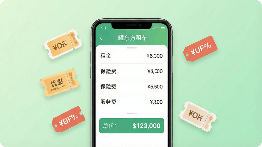 一张展示耀东方租车费用明细界面的概念图。画面中央是一个手机屏幕样机,屏幕内显示着清晰的费用清单列表,包括租金、保险费、服务费等条目,每条目右侧有对应的金额数字,底部有一个醒目的总价显示区域。屏幕周围漂浮着几张优惠券图标和折扣标签。背景为柔和的浅绿色渐变,风格为清新扁平化设计,细节精致,画质清晰,画面干净整洁,不出现任何文字。