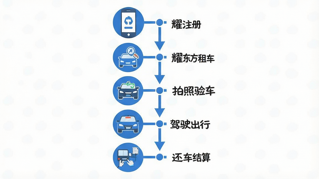 一幅展示耀东方租车新手操作流程的步骤示意图。画面采用纵向时间轴布局,从上到下依次展示五个步骤图标:手机注册、选择车辆、拍照验车、驾驶出行、还车结算。每个步骤配有简洁的扁平化图标和连接箭头。整体色调以蓝白为主,风格清新简洁,布局规整,画质清晰,画面干净无多余元素,不出现任何文字。