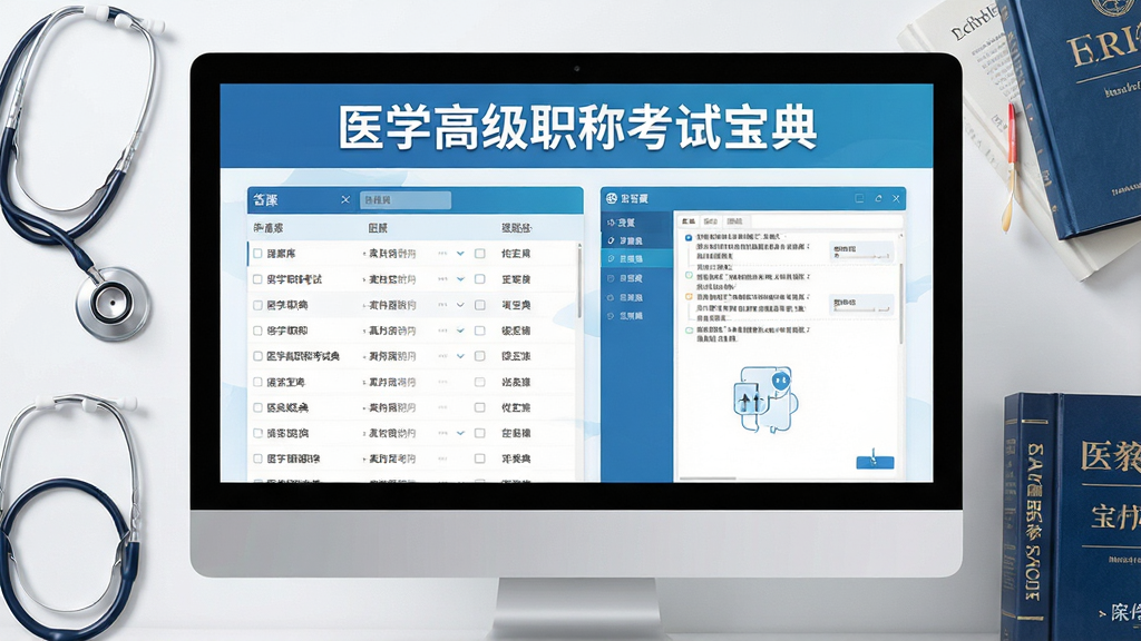 一张展示医学高级职称考试宝典软件界面的图片,主体为电脑屏幕显示题库列表和答题界面,布局采用居中构图,排版清晰展示软件名称“医学高级职称考试宝典”在顶部,风格为现代简洁的医疗教育风格,细节包含听诊器、医学书籍等元素点缀,画质高清,画面干净,无多余元素