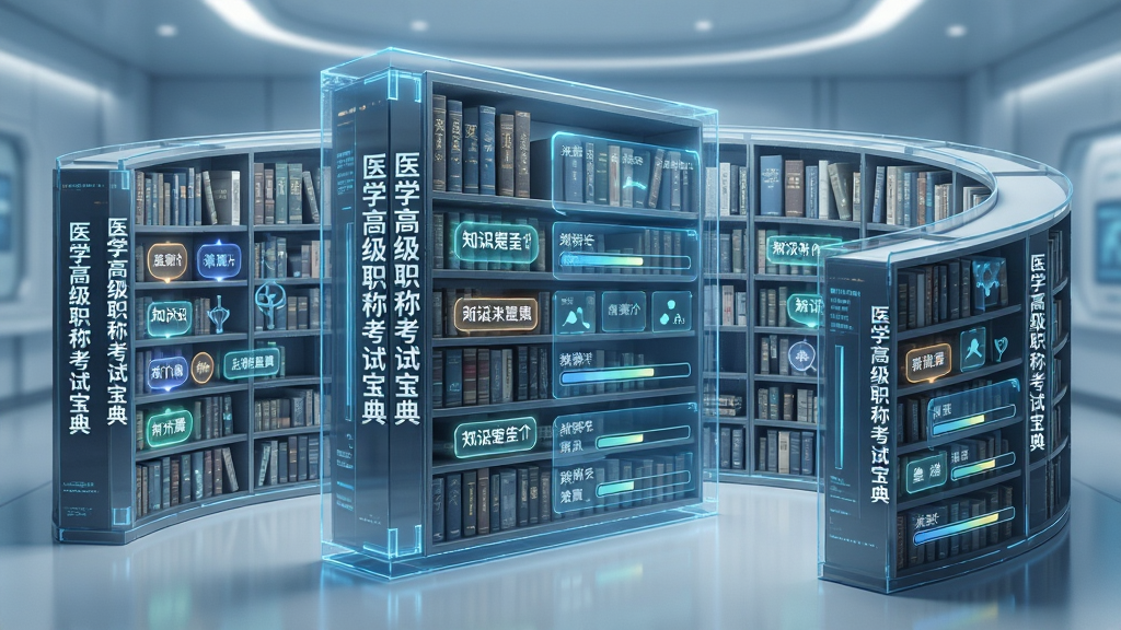 一张以医学高级职称考试宝典为核心的AI生图,主体为巨大的虚拟题库书架,布局为环绕式排列,排版上在每个书脊上显示“医学高级职称考试宝典”字样,风格为科技感医学风,细节包含发光的知识点标签和进度条,画质超清,干净利落,无多余元素
