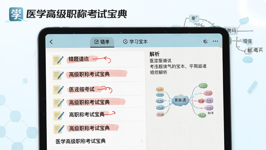 一张展示医学高级职称考试宝典错题本功能的图片,主体为平板电脑屏幕显示错题列表和红色标记,布局为左侧列表右侧解析,排版上突出“医学高级职称考试宝典”的logo,风格为清新学习风,细节包含笔记图标和思维导图,画质清晰,画面干净,无多余元素