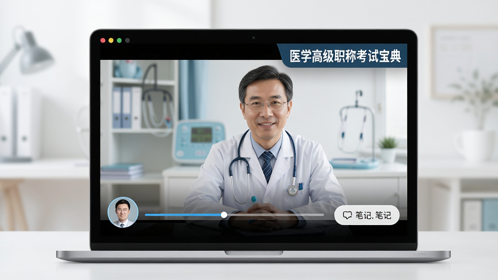 一张展示医学高级职称考试宝典视频课程的生图,主体为笔记本电脑播放医学教学视频,布局为画中画形式,排版上在视频窗口角落显示“医学高级职称考试宝典”,风格为在线教育风格,细节包含讲师头像、进度条和笔记按钮,画质超清,画面干净,无多余元素
