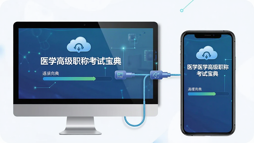 一张展示医学高级职称考试宝典多端同步功能的生图,主体为电脑和手机并排显示相同学习进度,布局为左右对称,排版上在设备屏幕内显示“医学高级职称考试宝典”,风格为科技互联风,细节包含云同步图标和数据线连接,画质高清,干净无杂乱,无多余元素