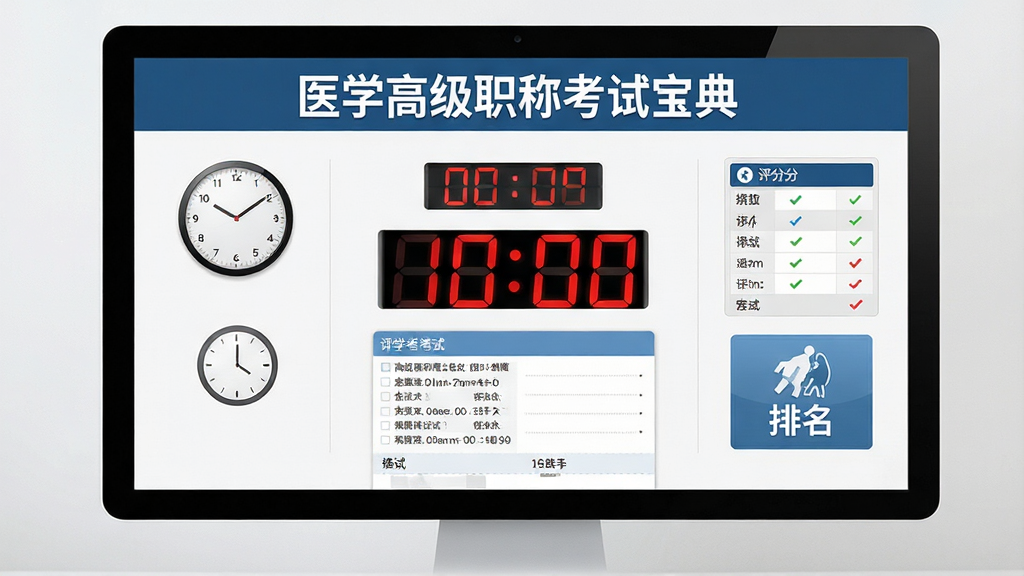 一张医学高级职称考试宝典模拟考场界面的生图,主体为电脑屏幕显示倒计时和答题卡,布局为全屏考试界面,排版上在顶部标注“医学高级职称考试宝典”,风格为严肃专业的考试系统风,细节包含时钟、评分表和排名图标,画质高清,干净整洁,无多余元素